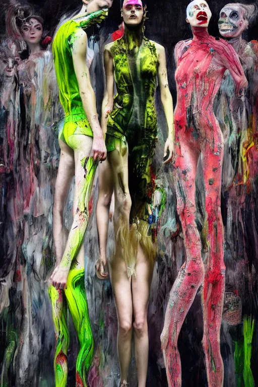 Image similar to crazy fashion catwalk, one model, crazy clothes, biopunk style, horror, clothes look like slime, hauntingly surreal, highly detailed painting by francis bacon, edward hopper, adrian ghenie, gerhard richter, and james jean soft light 4 k,