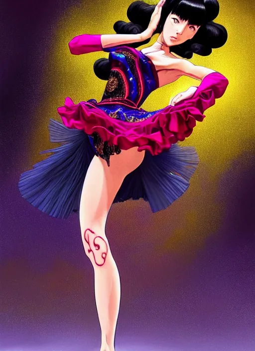 Image similar to a beautiful dancer with black hair in 1970's fashion, ballroom background, intricate, highly detailed, digital painting, artstation, official media, anime key visual, concept art, rich vivid colors, ambient lighting, sharp focus, illustration, art by Artgerm, Makoto Shinkai, Ilya Kuvshinov, Lois Van Baarle, and Rossdraws