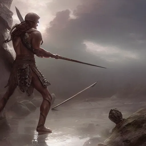 Image similar to cinematic shot male spartan warrior after a battle rain over dead corpses cliff foggy sunrise digital painting, artstation, concept art, soft light, hdri, smooth, sharp focus, illustration, fantasy, intricate, elegant, highly detailed, D&D, matte painting, in the style of Greg Rutkowski and Alphonse Mucha and artemisia, 8k, highly detailed, jurgens, rutkowski, bouguereau, pastoral, rustic, georgic