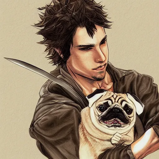 Image similar to self portrait, young white hispanic handsome man with short light brown hair and light skin and a 5 o clock shadow and holding a pug while fighting against 2 swordsmen pencil art, added detail, high definiton, colored, backfacing, illustrated by yoji shinkawa