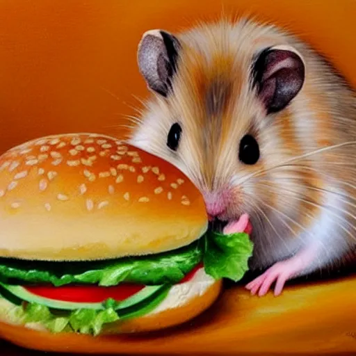 Prompt: a detailed oil painting of a hamster chewing on a giant hamburger