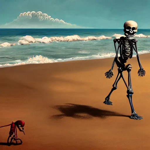 Prompt: Professional painting of anatomically correct happy skeleton walking along the beach, big highly detailed nuclear bomb explosion in the background, trending on Artstation, realistic, ultra detail, by Greg Rutkowski, Bikini Atoll, vibrant colors