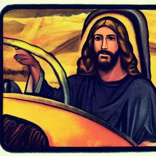 Image similar to Jesus in a bumper car enjoying his day off with the rest of apostles | photo