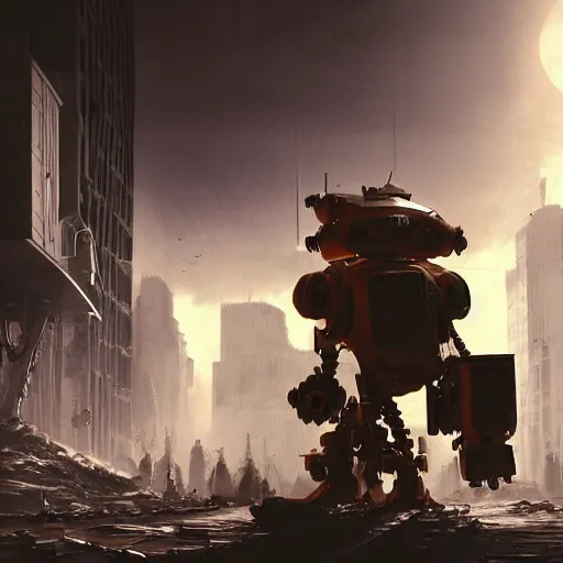 Image similar to A photorealistic render of Garfield the cat as a giant robotic mech suit, walking through a post-apocalyptic cityscape, ArtStation