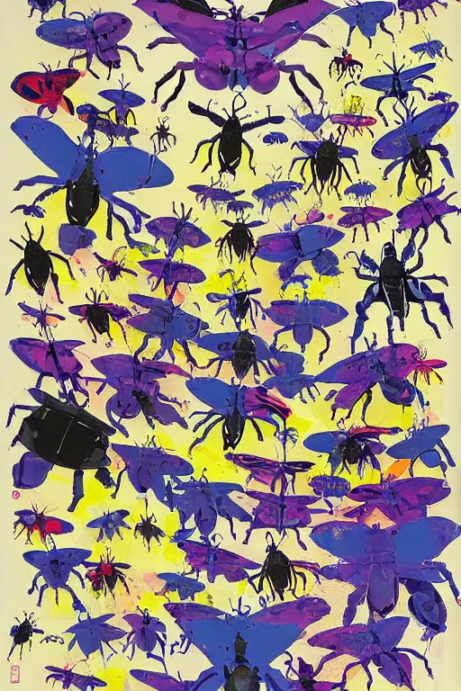 Image similar to mimmo rotella, violet polsangi, frank miller as return of ninja bugs by pop art, white frame