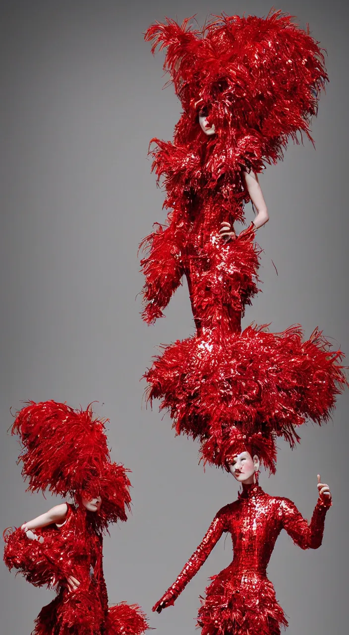 Image similar to a fashion character design wearing a red sequined bodysuit, alexander mcqueen headdress, costume by eiko ishioka, haute couture, steven outram, colorful and psychedelic