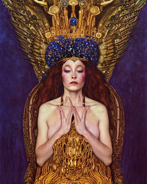 Image similar to full view Symbolic portrait of an ethereal Queen wearing a crown of sorrow sitting on throne by Gerald Brom and Gustav Klimt, detailed and realistic, featured on Artstation, soft lighting, behance