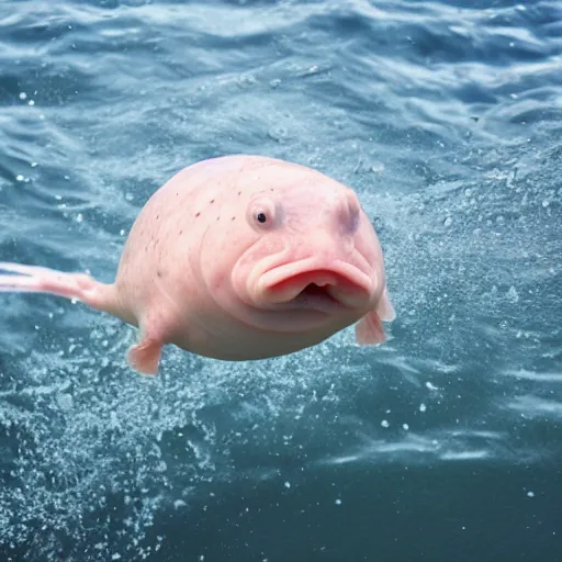 a photo of a blobfish jumping from the water like a