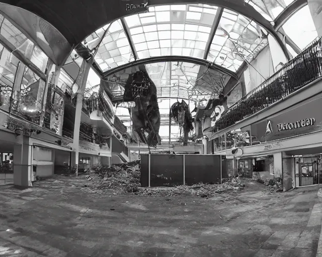 Image similar to camera footage of an abandoned shopping mall and huge spiders and cobwebs, high exposure, dark, monochrome, camera, grainy, CCTV, security camera footage, timestamp, zoomed in, fish-eye lense, spiders!!!!,