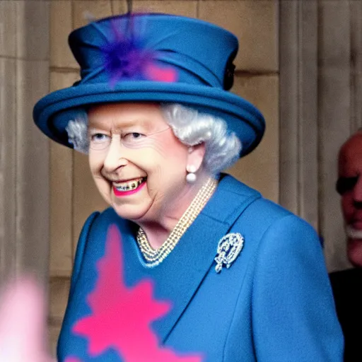 Image similar to the queen of england at a techno party smoking a joint, hyper realistic