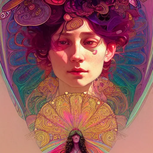 Image similar to A girl having an extremely colorful psychedelic experience, magic mushrooms, psilocybin, face, detailed, intricate, elegant, highly detailed, digital painting, artstation, concept art, smooth, sharp focus, illustration, art by Krenz Cushart and Artem Demura and alphonse mucha