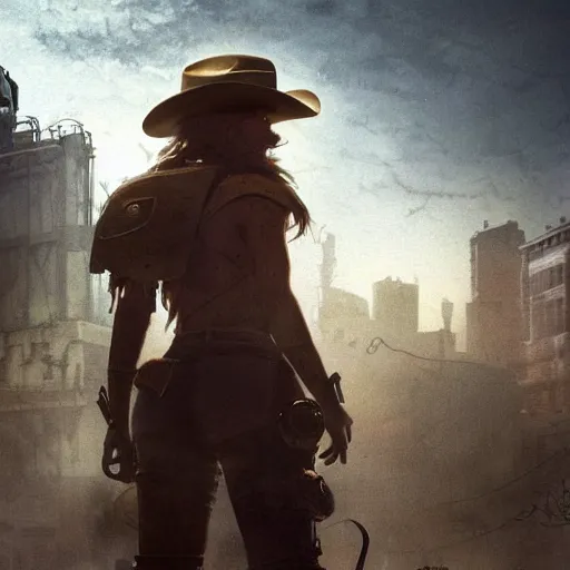 Image similar to fallout 5, charismatic beautiful, rugged, brunette female protagonist wearing a cowboy - hat, portrait, outdoors ruined cityscape, atmospheric lighting, painted, intricate, volumetric lighting, beautiful, foggy, daytime, slight overcast weather, sharp focus, deep colours, ultra detailed, by leesha hannigan, ross tran, thierry doizon, kai carpenter, ignacio fernandez rios