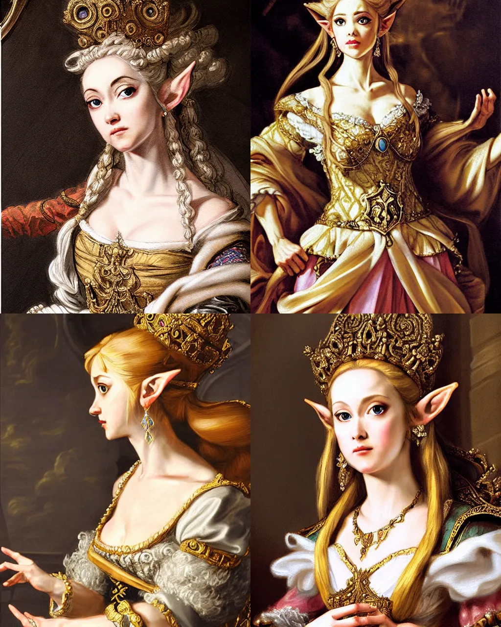 Prompt: detailed baroque painting of princess zelda, from legend of zelda, as an elegant noblewoman, highy detailed face, brocade dress, style of aleksi briclot and peter paul rubens, intricate, soft lighting, beautiful art, legend of zelda, master sword