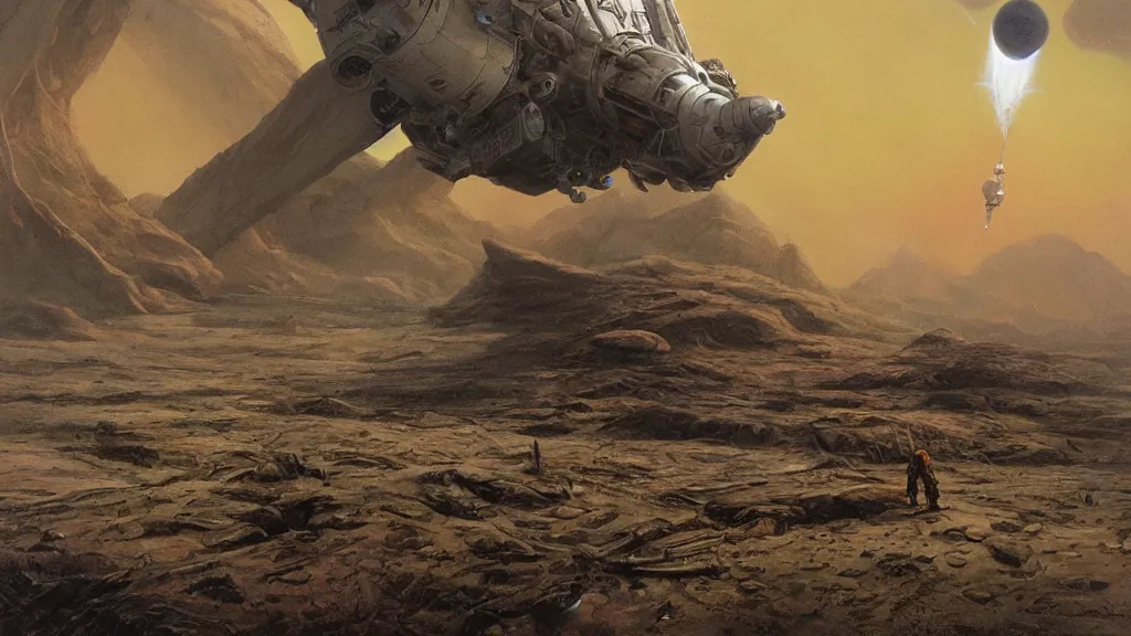 Image similar to small organic dropship lander by john schoenherr and jim burns, epic cinematic matte painting