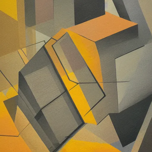 Image similar to masterpiece abstract intricate painting of layers of rocky material. highly geometric slanting down. isometric view. beautiful use of light and shadow to create a sense of depth and movement. using energetic brushwork and a limited color palette, providing a distinctive look and expressive quality in a mathematical composition