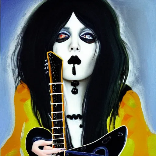 Image similar to Goth girl playing electric guitar by Mario Testino, oil painting by Guillermo Lorca