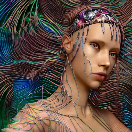 Image similar to swimming deeper into the multiverse, maze of modular synth cables mixed with mangrove roots, kawaii puerto rican goddess chilling out wearing a headpiece made of circuit boards designed by auroboros, by cameron gray, wlop, stanley kubrick, masamune, hideki anno, jamie hewlett, unique perspective, trending on artstation, 3 d render, vivid