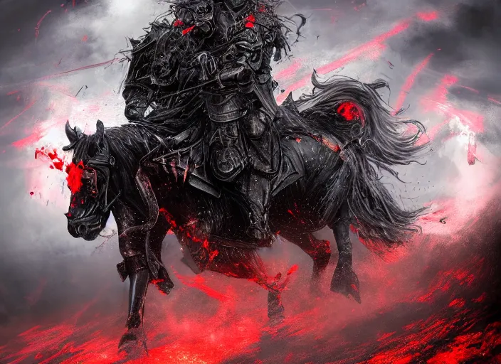 Prompt: a menacing knight in full plate of black armor, splattered with blood, riding a large black war horse, with red glowing eyes flowing red mane and tail, blackened clouds cover sky, crackling with lightning, a castle in distance burns, the ground is wet and cracked, d & d, fantasy, highly detailed, digital art, illustration,