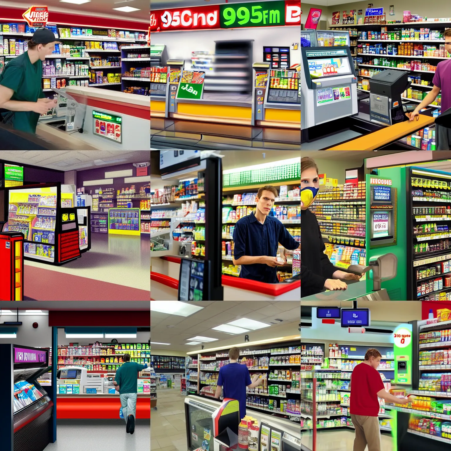 Prompt: still image of Jerma985 robbing a 711 cashier, convenience store interior background, Jerma, high resolution photograph