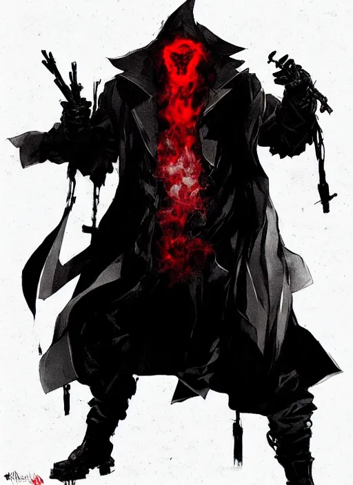 Image similar to half body portrait of an evil deity, a man in black mask and black rugged long trench coat made of smoke, red aura. in style of yoji shinkawa and hyung - tae kim, trending on artstation, dark fantasy, great composition, concept art, highly detailed, dynamic pose.