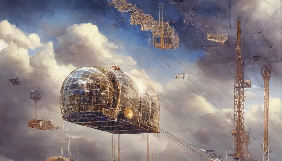 Image similar to an inflated stainless steel chrome gondola in the clouds, people are hanging by steel cables. Oil rigs in the sky. Intricate technical drawing. Colored pencil. Mammatus clouds. Ornate, brilliant, utopian, detailed, Golden ratio, solarpunk technology by Lebbeus Woods and Craig Mullins