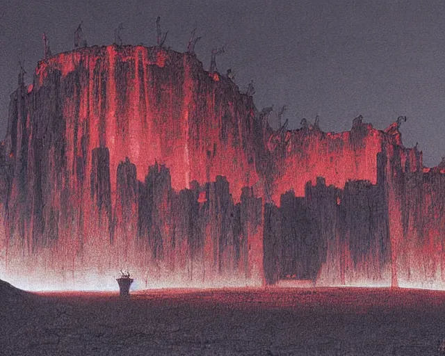 Prompt: A glacial castle surrounded by lava, digital art, Beksinski