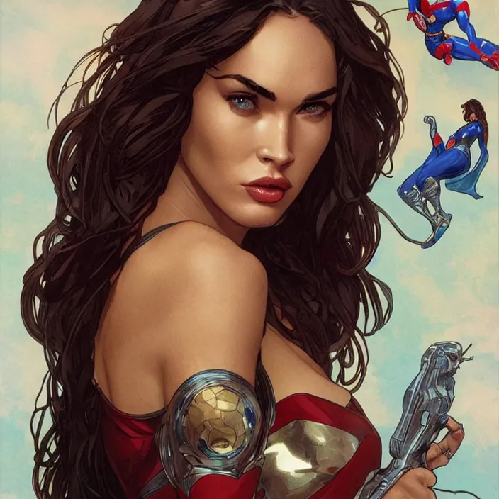 Image similar to megan fox as female superman by artgerm, greg rutkowski, alphonse mucha