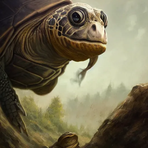 Prompt: amazingly beautiful portrait of a hyper realistic mitch mcconnell as a turtle / tortoise, as an anthropomorphic turtle, painted by greg rutkowski, artgerm, beautiful lighting, masterpiece, epic, 4 k