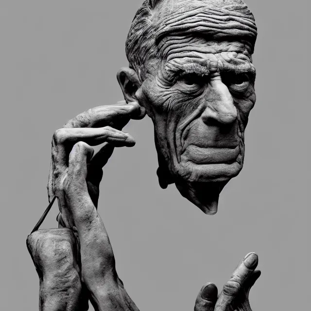 Prompt: photography of a sculpture of Samuel Beckett by Ralph Steadman and Michelangelo, made of clay, 50mm, studio atmosphere, 8K, rim light, octane render, ultra-realistic