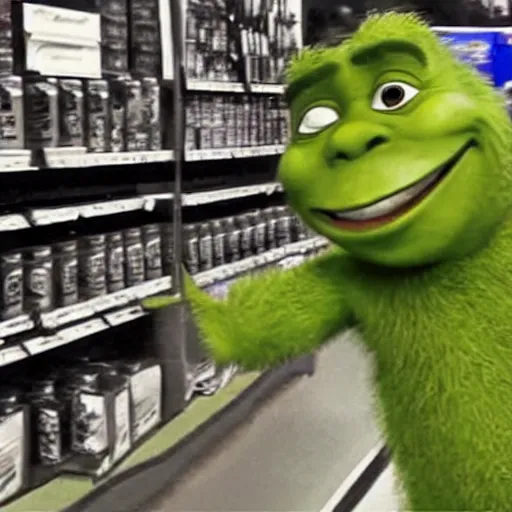 Prompt: shreck robbing a grociery store, security camera footage