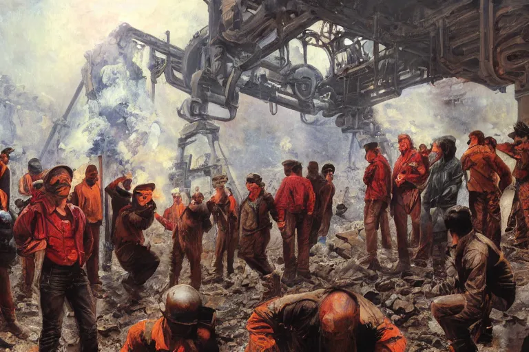 Image similar to oil painting of intense dramatic still of a ragtag group of miners and factory workers with improvised weapons and pistols and red scarves below their necks, on the surface of an asteroid, outside of a high tech scifi industrial building, medium shot, oil painting by charles frederic ulrich, pablo olivera, normal rockwell, greg rutkowski, trending on artstation, incredible detail