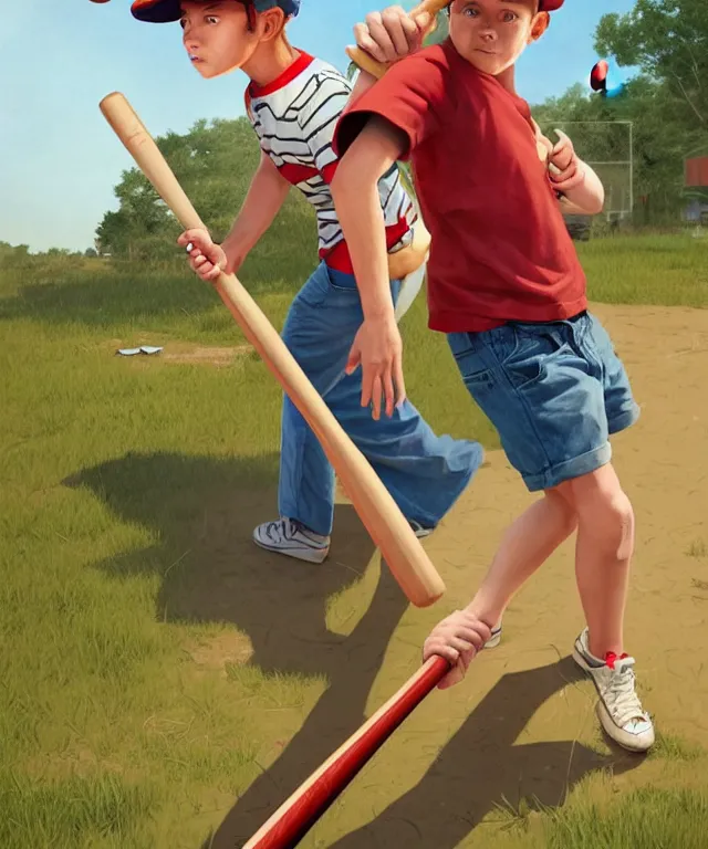 Image similar to a young boy wearing a horizontal striped shirt and a red baseball cap and jean shorts, holding a baseball bat, centered composition, digital painting, artstation, concept art, sharp focus, octane render, illustration, art by geof darrow,