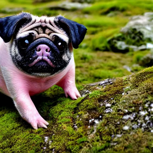 Image similar to Pig-pug-tardigrade hybrid pet gladly munching moss in a field, family photograph, heartwarming