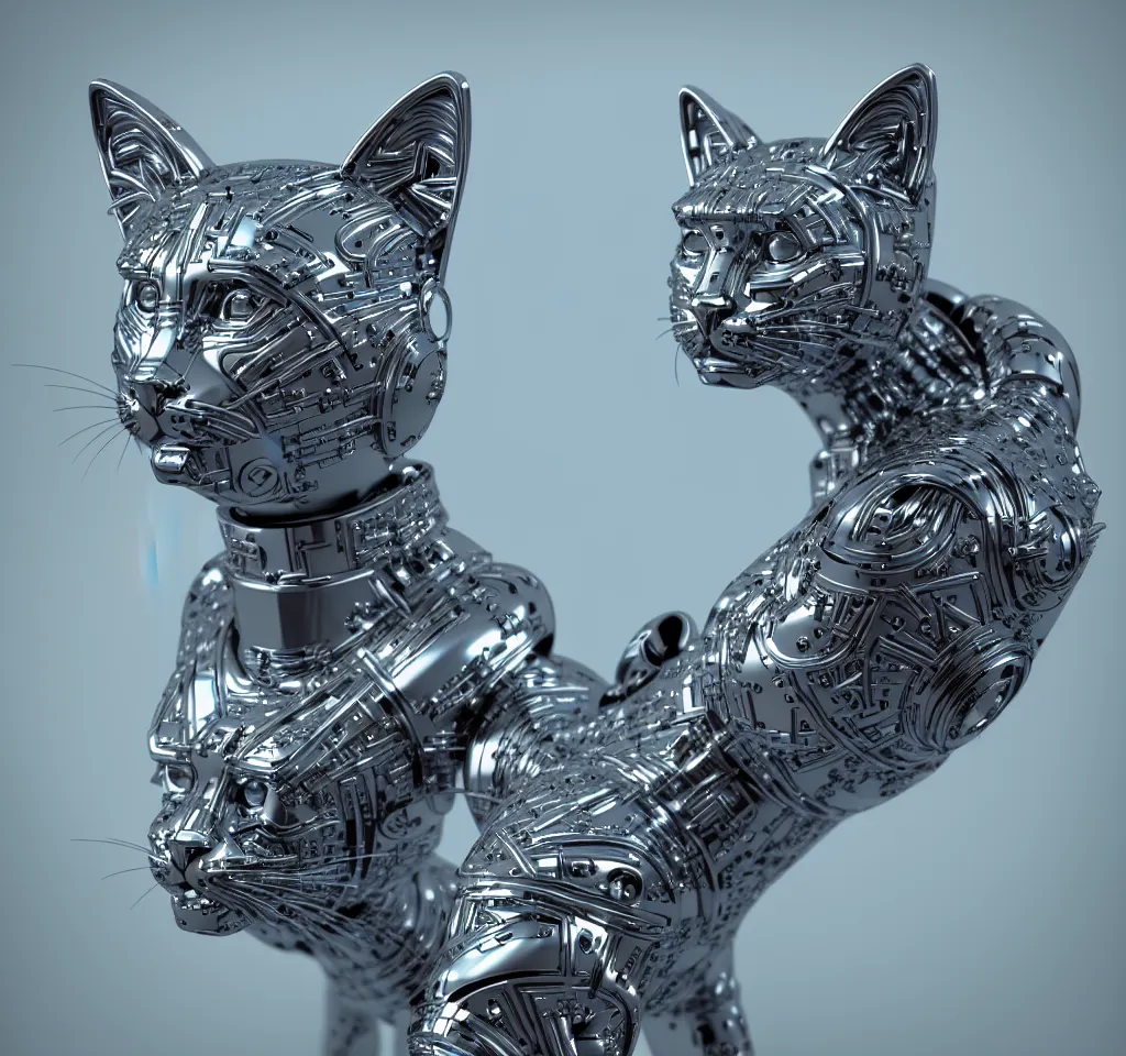 Image similar to a modern cybernetic cat made from porcelain and steel, insane reflexions, pastel colored, daylight, peaceful, 8 k, ambient occlusion, octane render