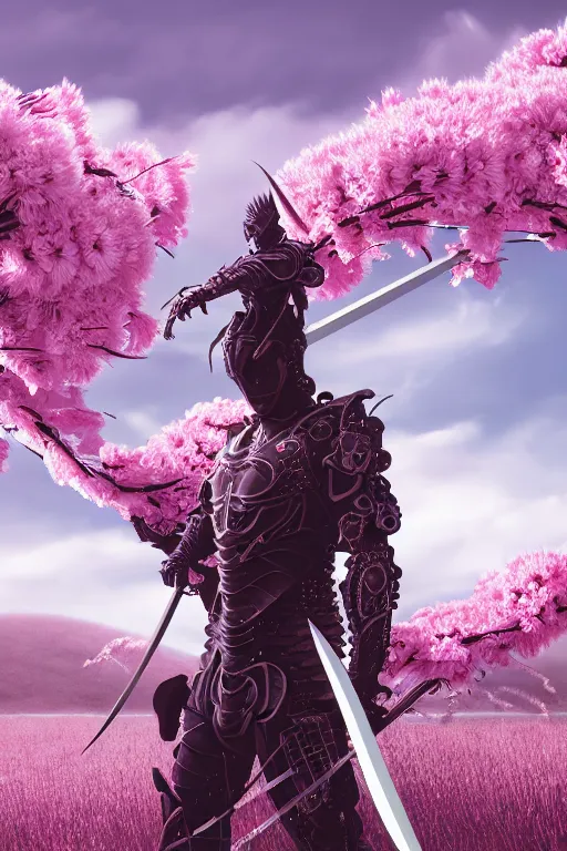 Image similar to illustration cinematic cyborg dragon holding katana in a field of pale pink flowers, highly detailed smooth digital art masterpiece, vitaly bulgarov dramatic light, ground angle uhd 8 k, sharp focus