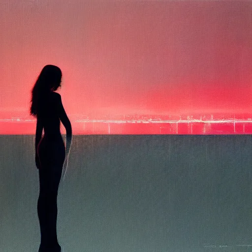 Image similar to silhouette of a Elle Fanning gazing at the ocean, pitch black room, extremely detailed realist masterpiece, oil on canvas, low-key neon lighting, artstation, Blade Runner 2049, Roger Deakin’s cinematography, by Stephen Bauman,