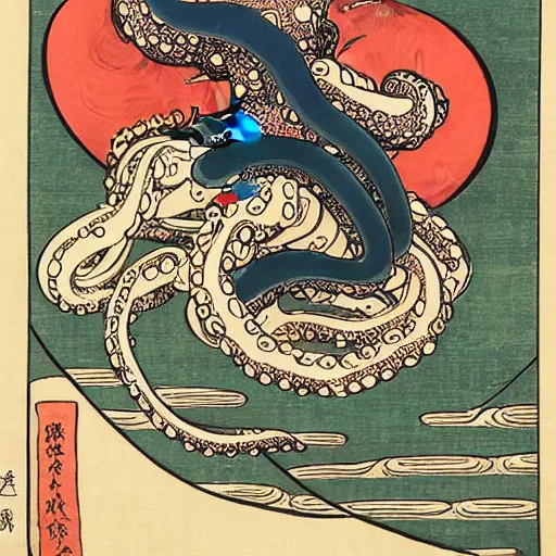 Image similar to an octopus driving a car, ukiyo-e by Utagawa Kuniyoshi