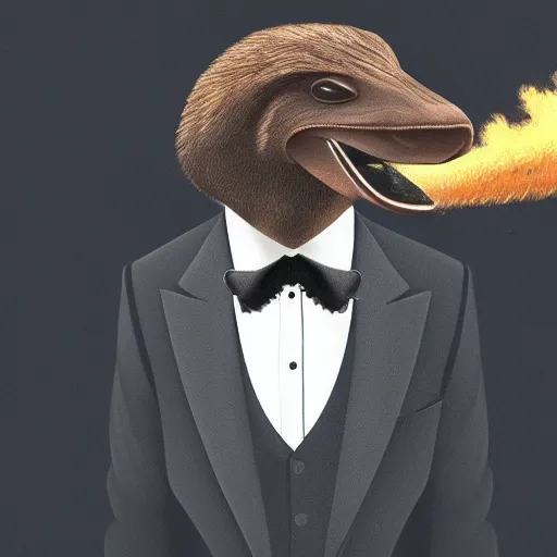 Prompt: a portrait of a platypus wearing a black suit, smoking a cigar, gorgeous, intricate, elegant, volumetric lighting, scenery, high detail digital art, smooth, picaso, illustration, concept art