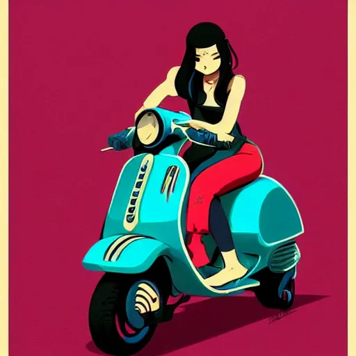 Prompt: turquise vespa moped, no people, in the style of artgerm, gerald brom, atey ghailan and mike mignola, vibrant colors and hard shadows and strong rim light, plain background, comic cover art, trending on artstation