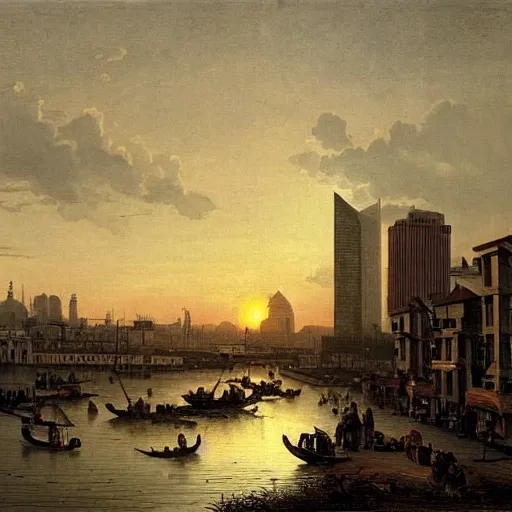 Prompt: a small rooftop with a couple of modern teenagers, standing and talking to each other, wearing black modern clothes, modern shanghai bund is on the background, sunset, by asher brown durand
