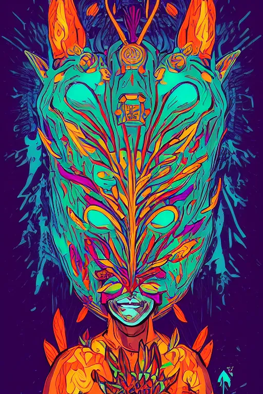 Image similar to animal mask totem roots flower tribal feather gemstone plant wood rock shaman vodoo video game vector cutout illustration vivid multicolor borderlands comics by josan gonzales and dan mumford radiating a glowing aura