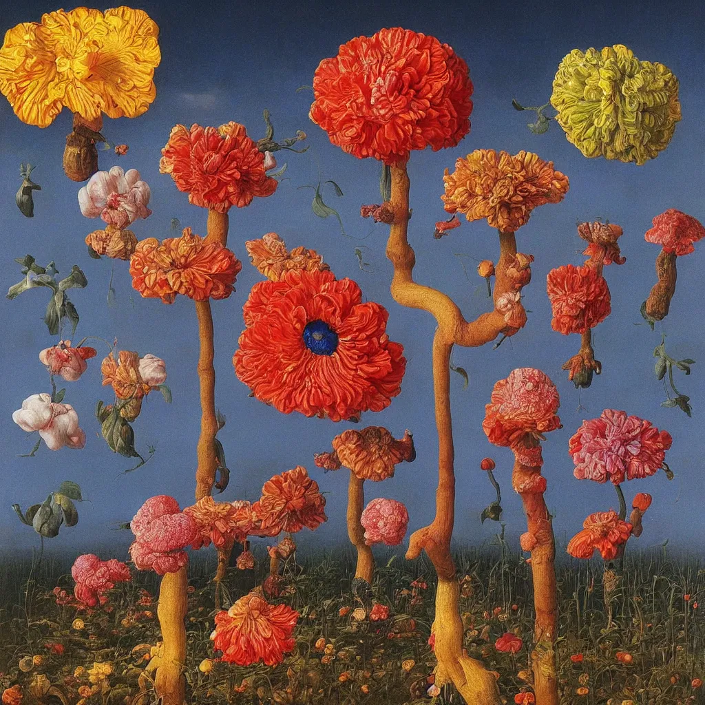 Prompt: a single! colorful! flower fungus clear empty sky, a high contrast!! ultradetailed photorealistic painting by jan van eyck, audubon, rene magritte, agnes pelton, max ernst, walton ford, andreas achenbach, ernst haeckel, hard lighting, masterpiece