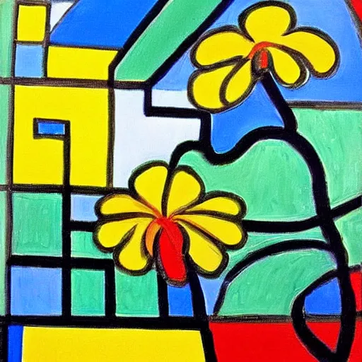 Image similar to a framed painting of a beautiful piet mondrian tropical landscape