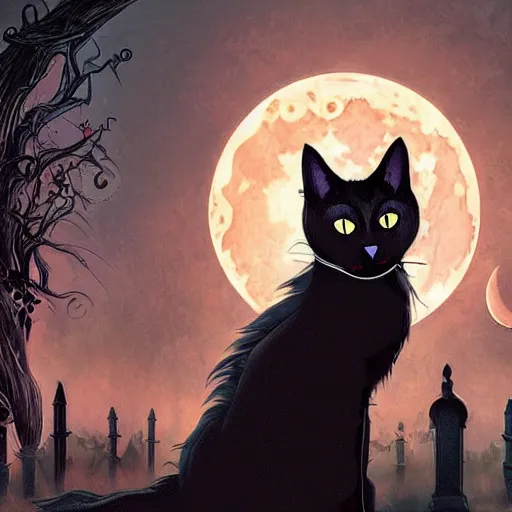 Image similar to an ultra detailed animation of a black cat in a graveyard at midnight on halloween tattoo, digital art, dark fantasy, concept art, soulslike, by alphonse mucha, blood moon eclipse, ruined building in the background, artstation, 8 k, unreal engine render