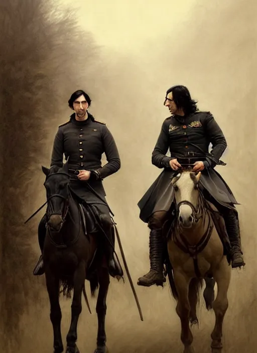 Image similar to painting of john oliver and adam driver together, riding horse, stoic, full body, military uniform, fantasy, intricate, elegant, beautiful, highly detailed, charcoal, centered, dark, smokey, digital painting, artstation, concept art, smooth, sharp focus, illustration, art by artgerm, art by greg rutkowski, art by alphonse mucha