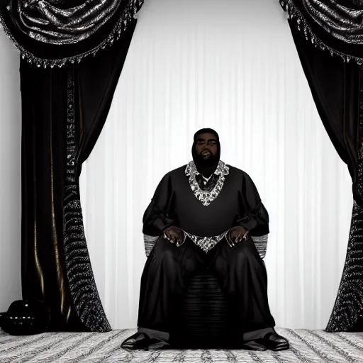 Image similar to Large black man sitting on throne wrapped in silk, background made of large folding curtains, dark, hyper detailed, hyper realistic, 8K phot realistic, black and white color, dimly lit, dark,