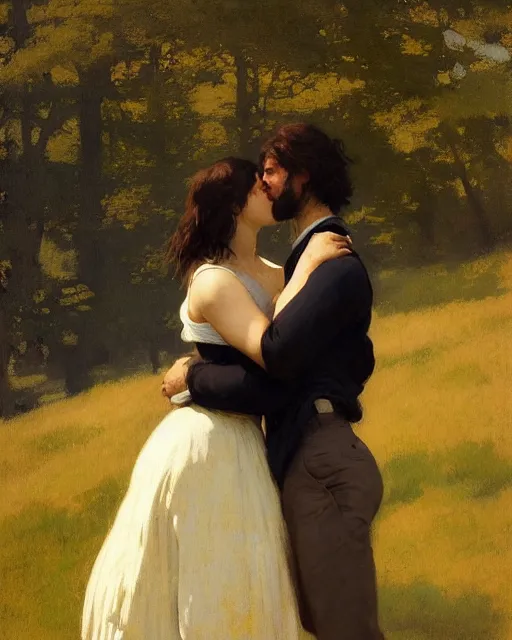 Image similar to a guy and a girl kissing, art by greg rutkowski, gustave courbet, rosa bonheur, edward hopper. faithfully depicted facial expression, perfect anatomy, sharp focus, global illumination, radiant light, detailed and intricate environment, trending on artstation