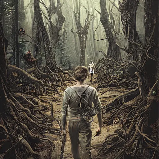 Image similar to sci - fi monster hunters, walking in a flesh and bones forest, hyperdetailed, art makoto kobayashi