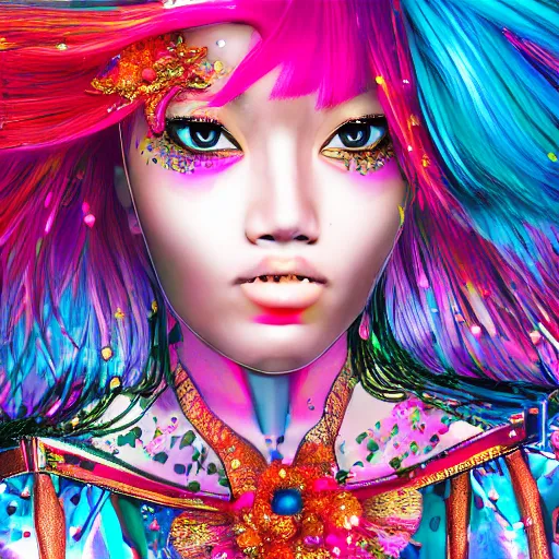 Image similar to japanese model with maximalist hair style and makeup, bright colors, fashion model, portrait shot, glitter, depth of field, 8 k, hyper detailed, intricate, trending on artstation