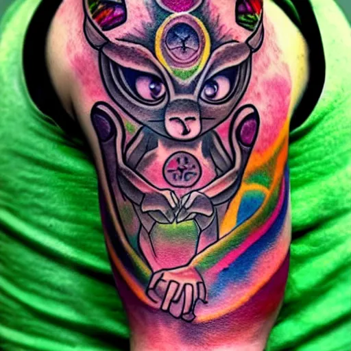 Image similar to shoulder tattoo of a cute bush baby with trippy eyes and glowing multicolored chakra symbols, meditative, insanely integrate